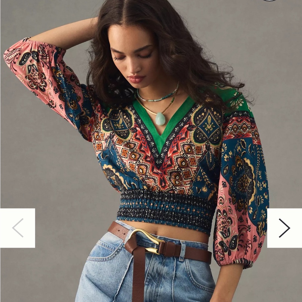 Anthropologie Farm Rio Deep-V Puff-Sleeve Top